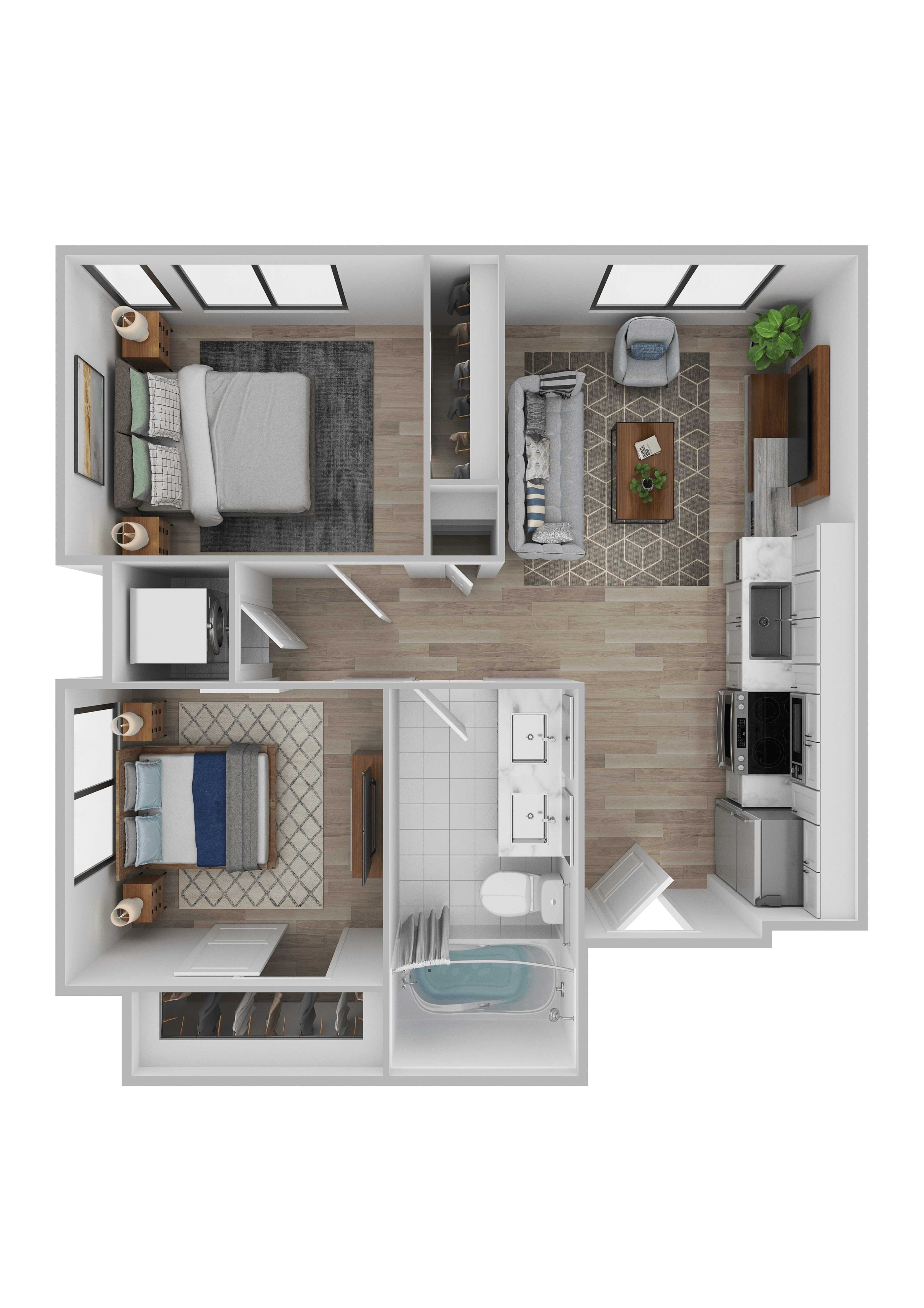 Floor plan for 2 beds, 1 bath, 610 sqft